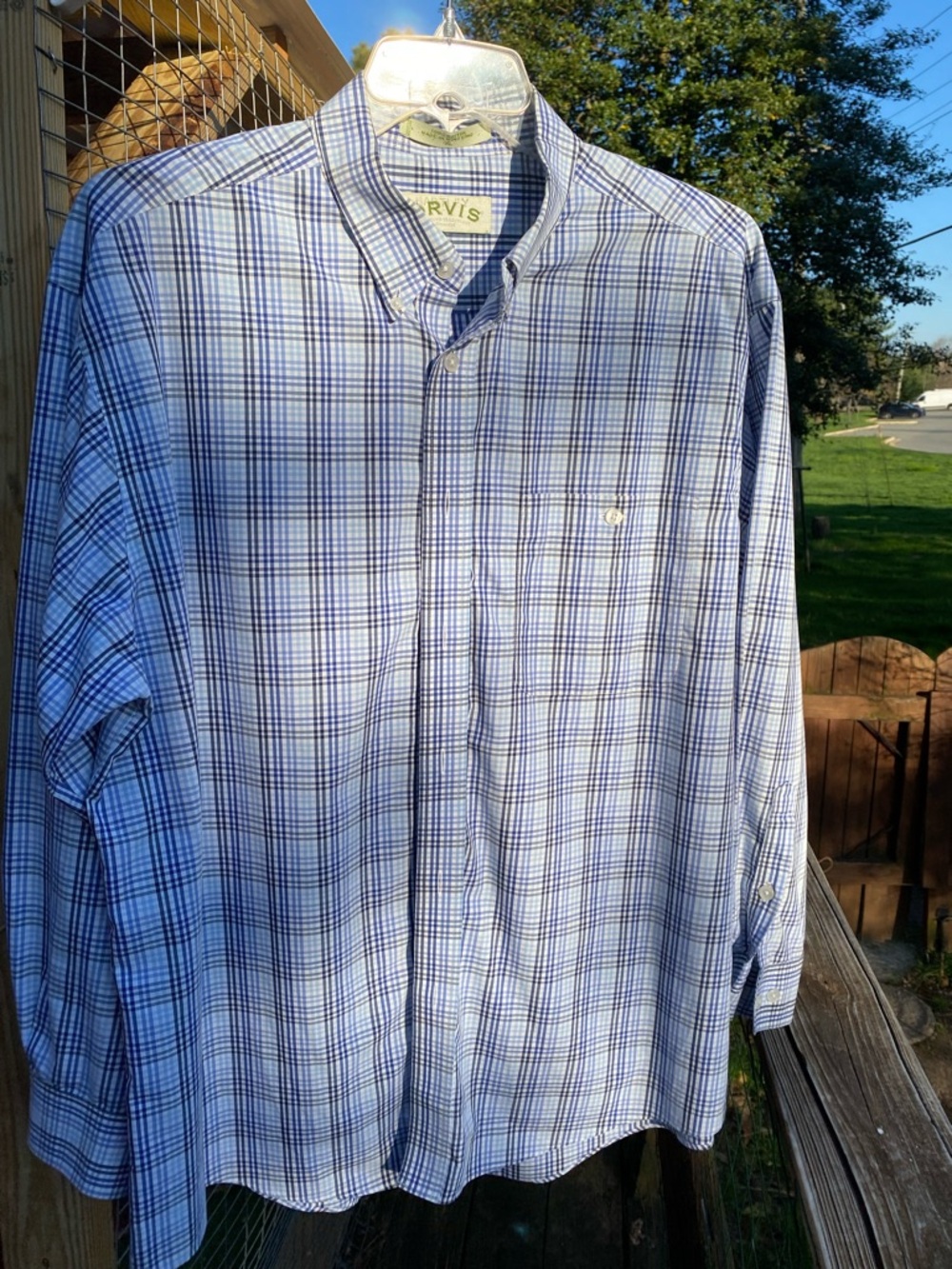 Orvis Men's Light Blue and Navy Plaid Button-Down Shirt